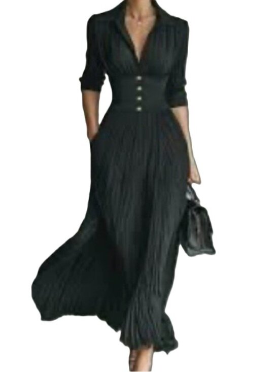 MODESEES Dresses & Skirts - MODESEES Black Long-Sleeve Pleated Maxi Dress with Gold Button Waist Size Medium